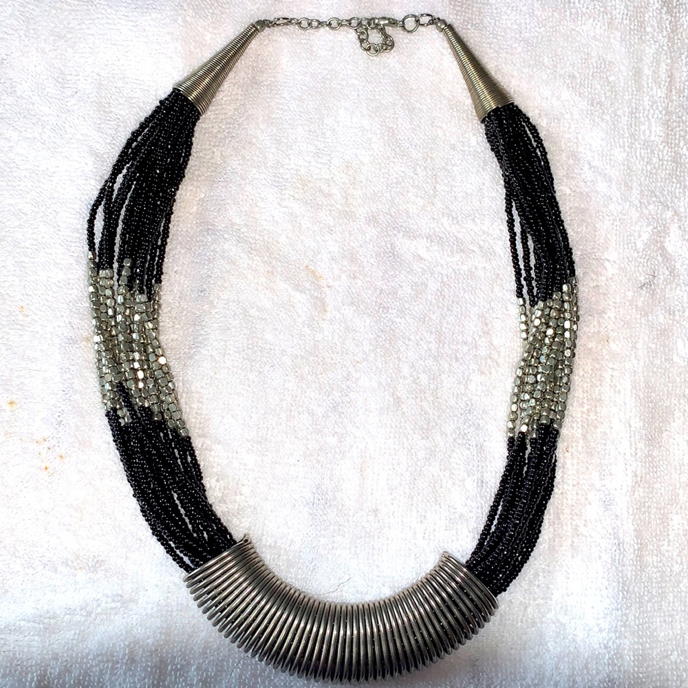 Global & Vine Black Seed Bead Collar necklace silver toned stranded bracelet